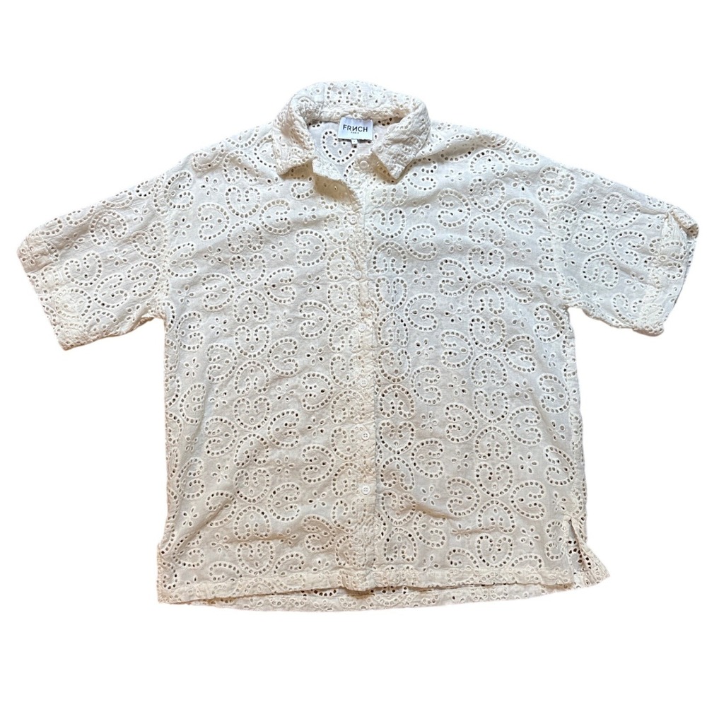 FRNCH Eyelet Lace Shirt Women‎ Cream Excellent Short Sleeve SIZE S